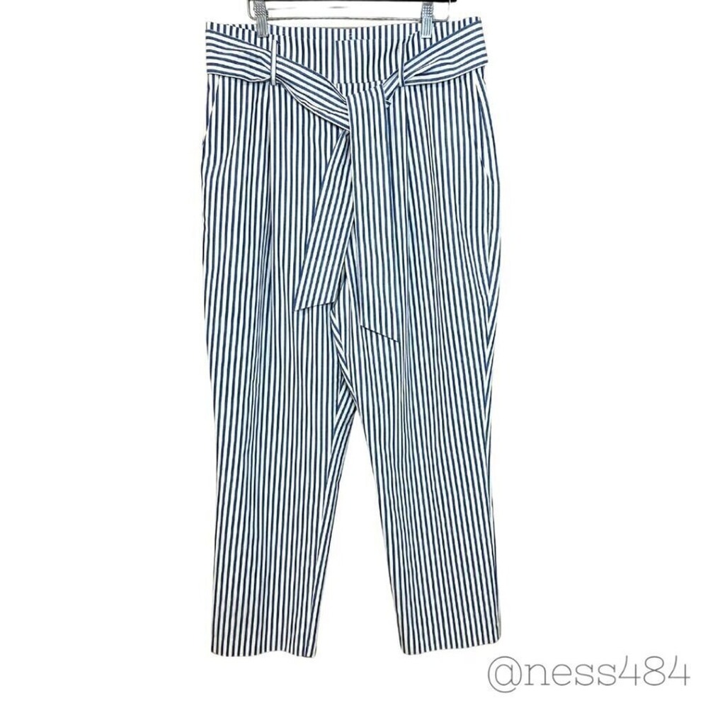 Antonio Melani Striped Pants Women 14 Blue White Excellent Belted Tapered Leg